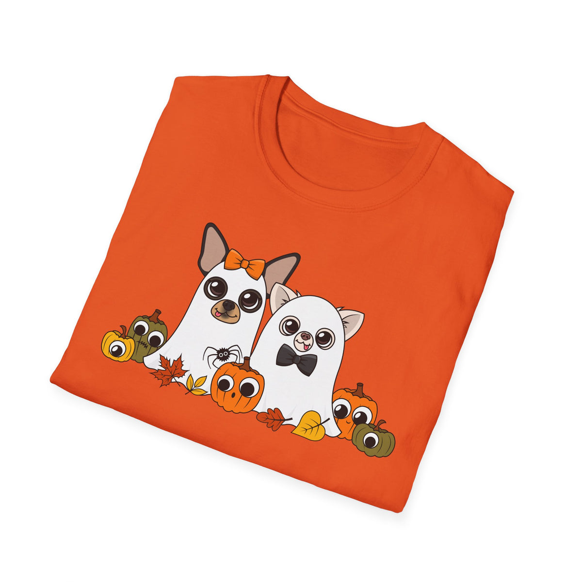 Folded orange T-shirt showing the Boo Crew Chihuahua design.