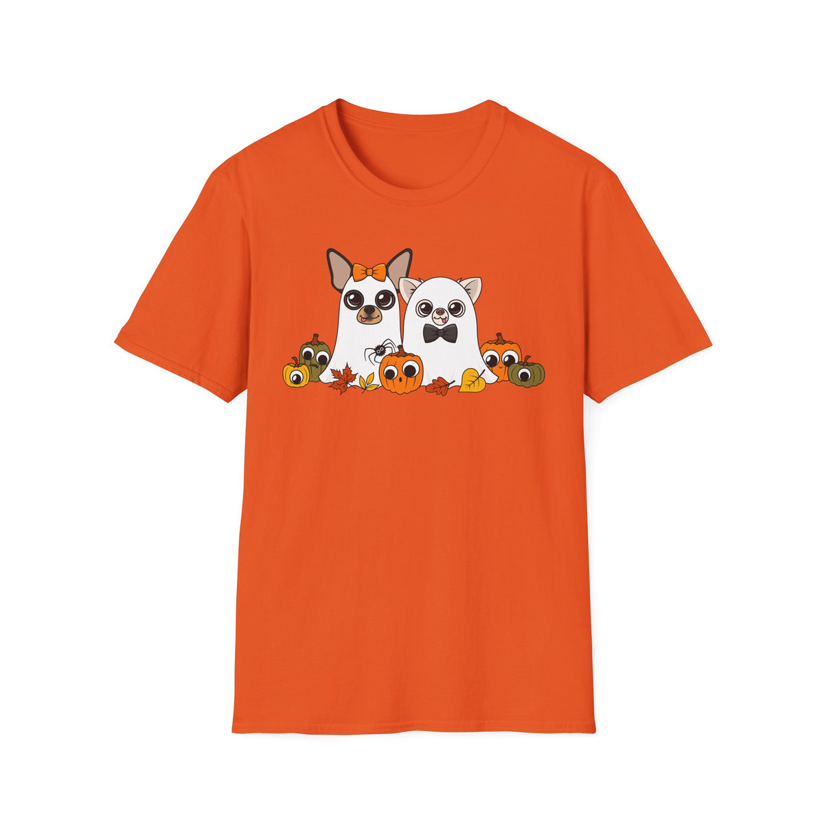 Front view of an orange unisex T-shirt featuring the Boo Crew Chihuahua characters with pumpkins.