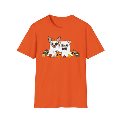 Front view of an orange unisex T-shirt featuring the Boo Crew Chihuahua characters with pumpkins.
