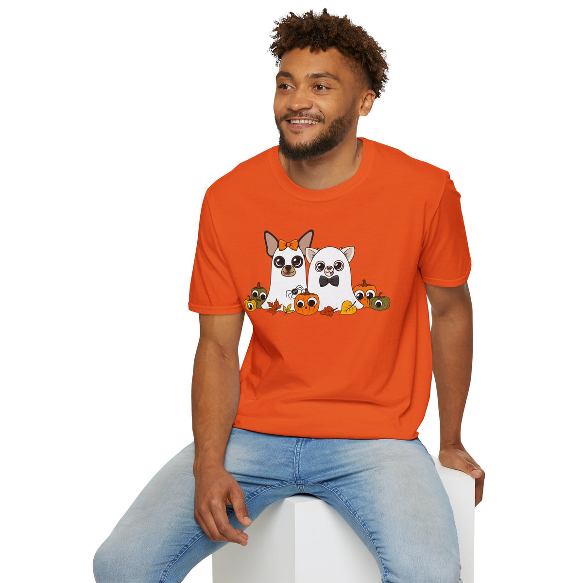 Man seated wearing the orange Boo Crew T-shirt.