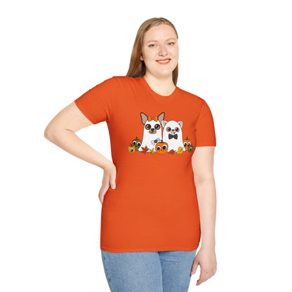 Woman wearing the orange Boo Crew T-shirt, front view.
