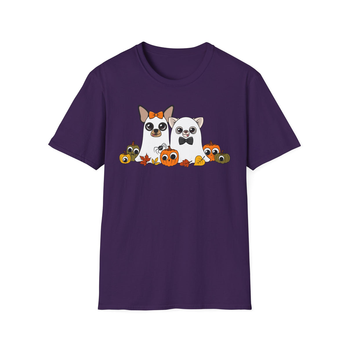 Front view of a purple unisex T-shirt featuring the Boo Crew Chihuahua characters with pumpkins.