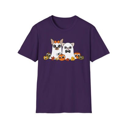 Front view of a purple unisex T-shirt featuring the Boo Crew Chihuahua characters with pumpkins.