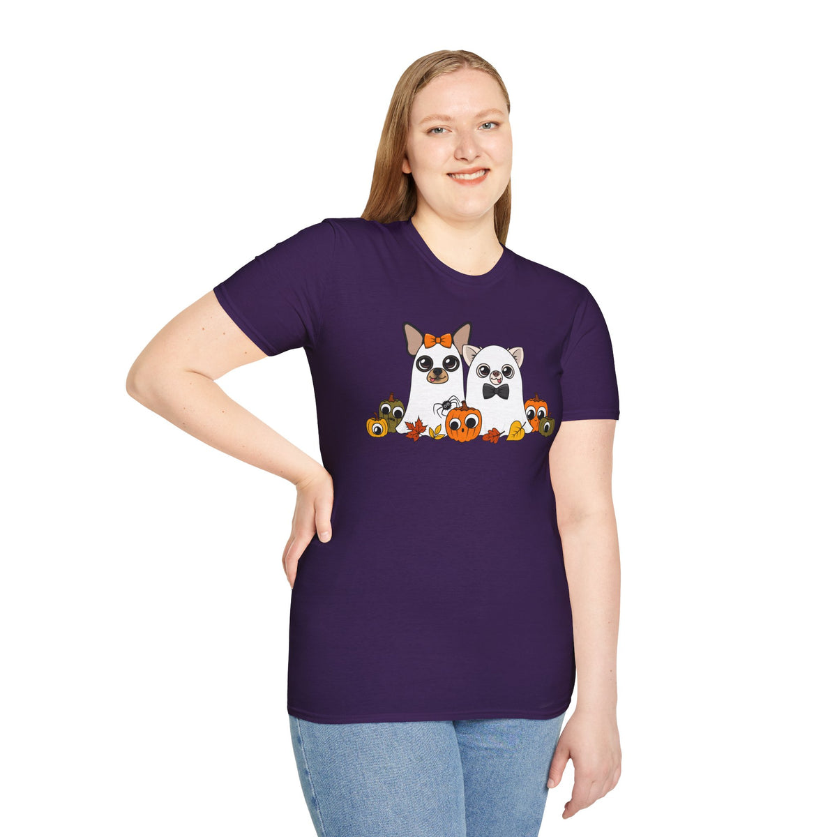 Woman wearing the purple Boo Crew T-shirt, front view.
