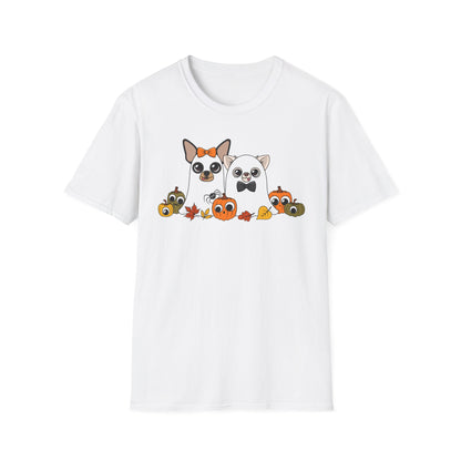 Front view of a white unisex T-shirt featuring the Boo Crew Chihuahua characters with pumpkins.