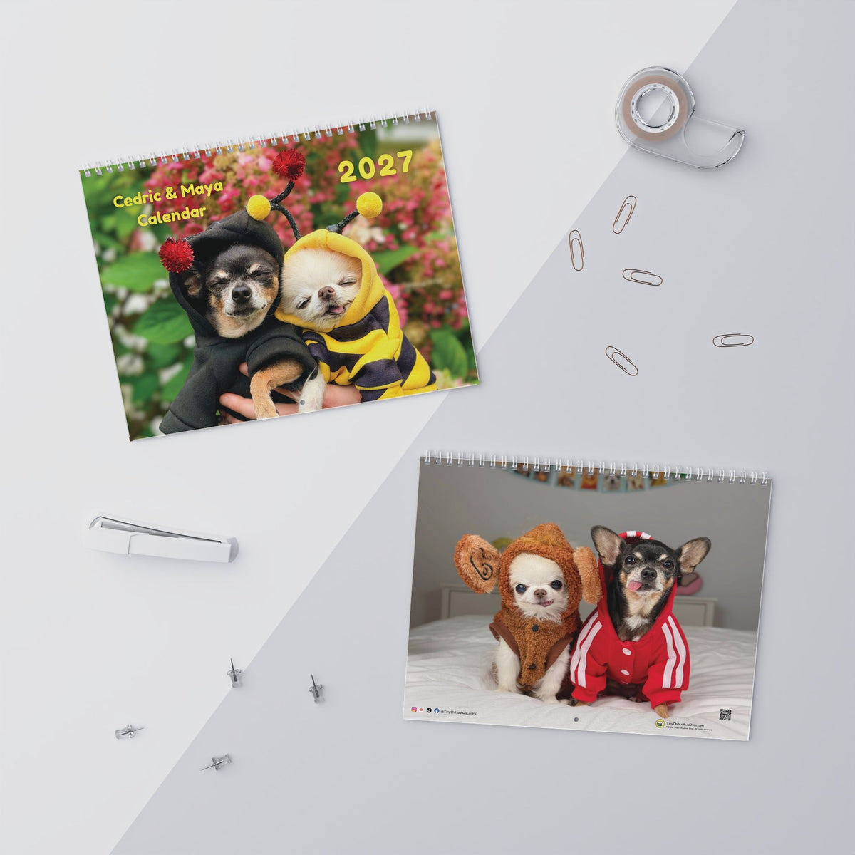 Flat lay of the 2027 Chihuahua calendar cover beside photos of Cedric and Maya.