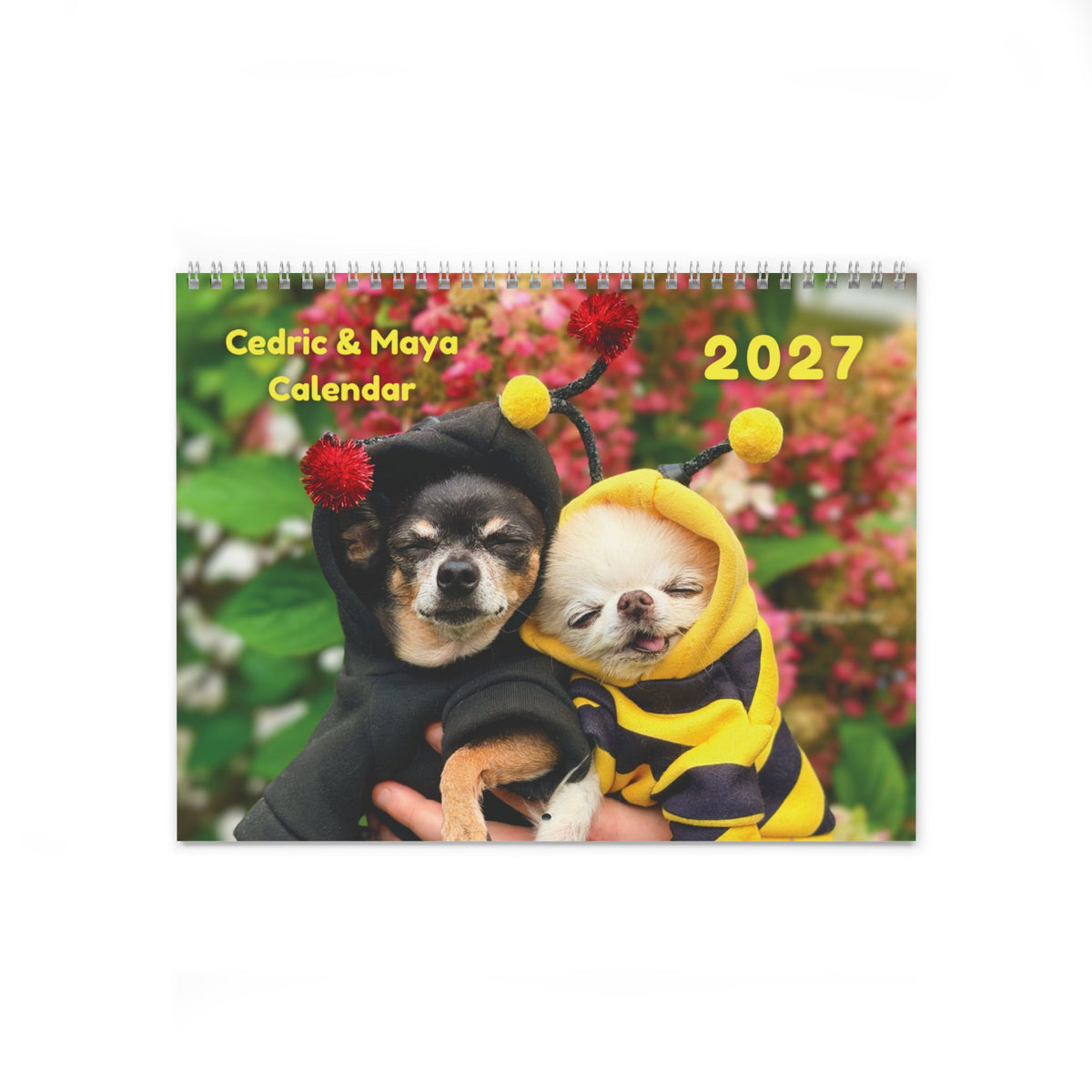 Cover of the 2027 Cedric and Maya Chihuahua wall calendar, with the dogs in costumes in a flower garden.