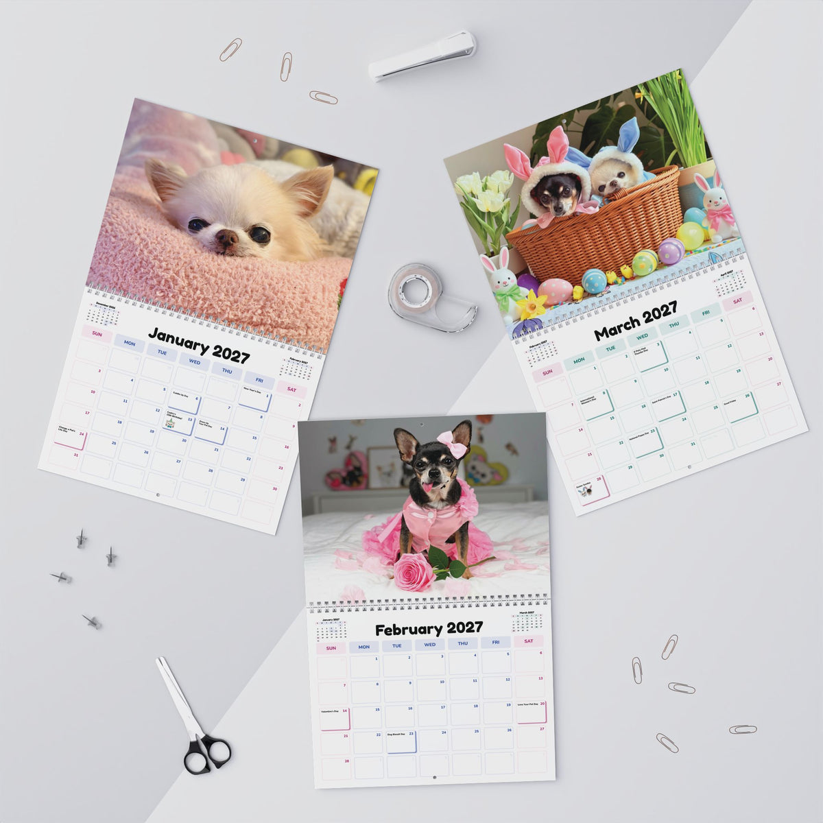 Flat lay showing January, February and March 2027 calendar pages with colorful seasonal grids.