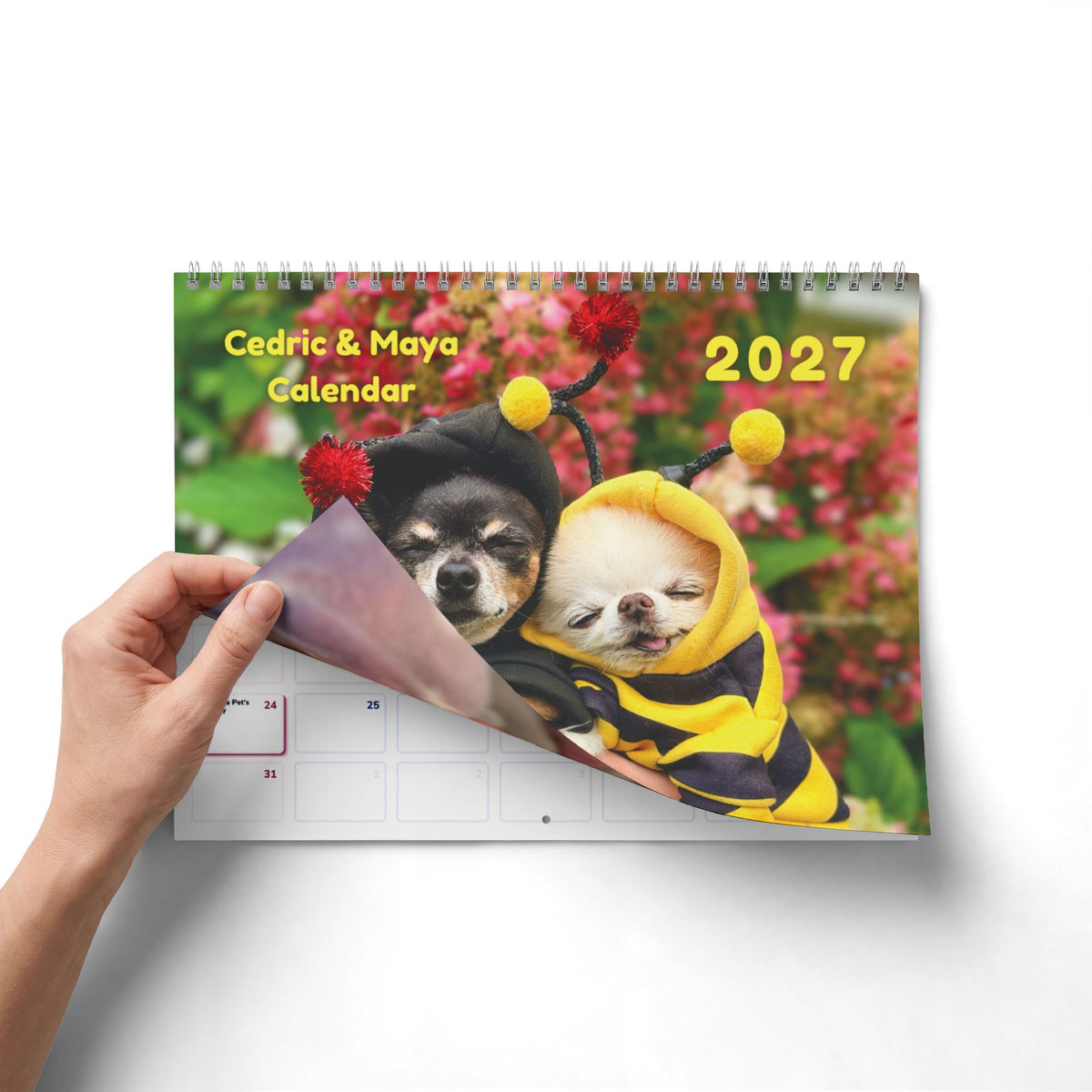 Hand turning the 2027 calendar cover to reveal its January monthly grid.
