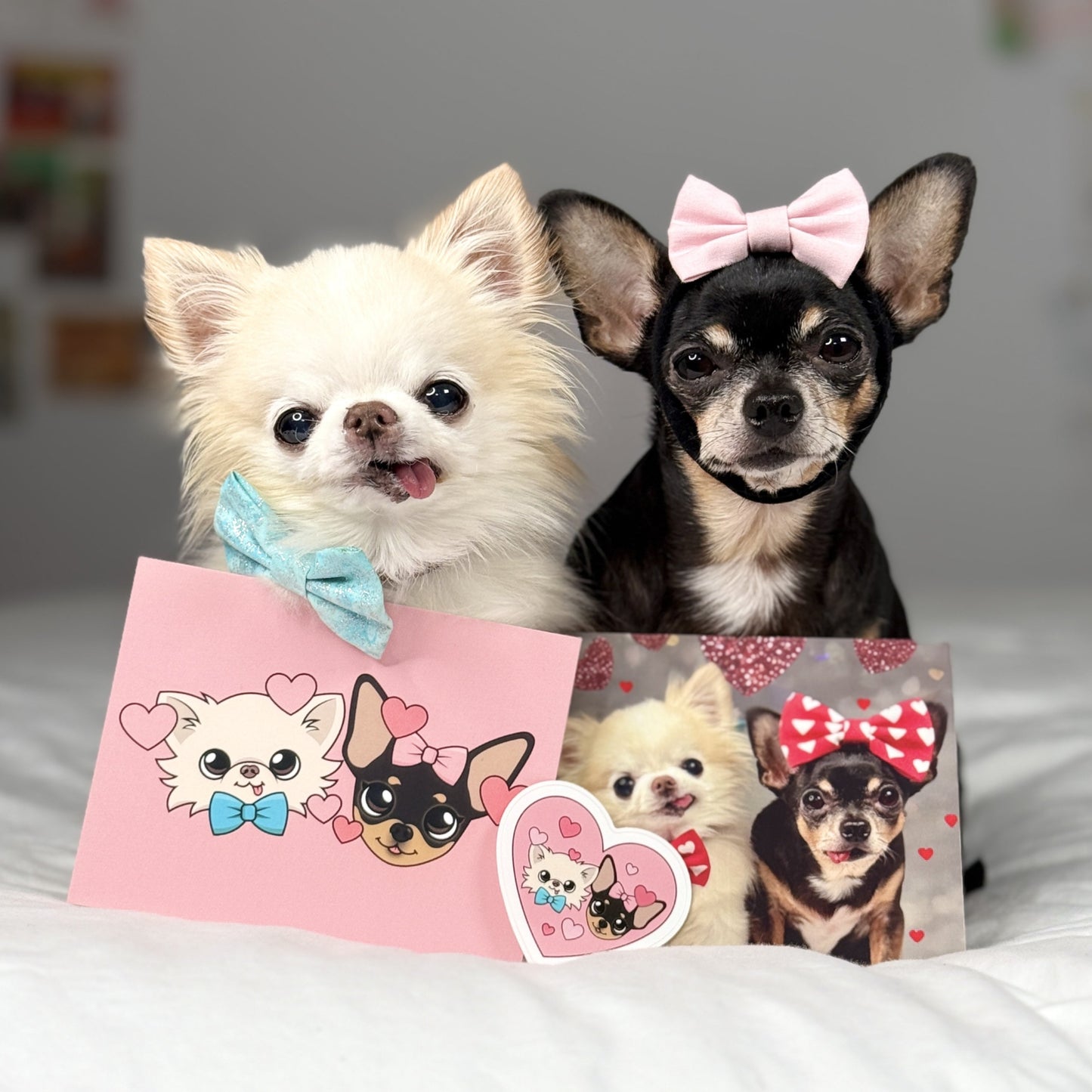 Cedric and Maya posing with their Valentine Pawdograph Bundle, featuring a heart-shaped sticker, sibling postcard, and pawdographed Valentine-themed photo.