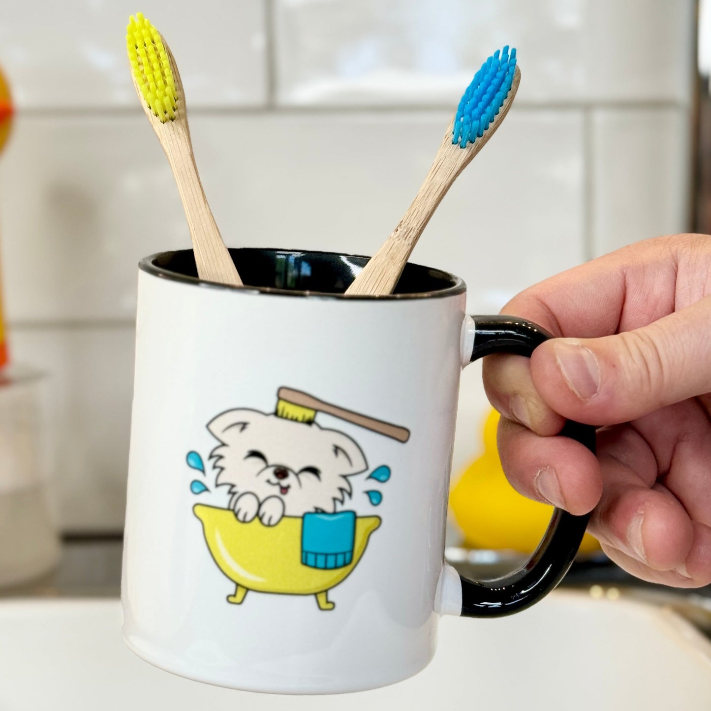 Cedric's Yellow and Blue Bath Brushes in a Mug