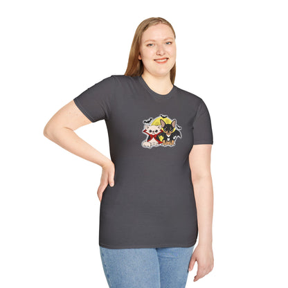 Person wearing a charcoal unisex t-shirt with a centered graphic of two cartoon chihuahuas in gentle vampire costumes under a yellow moon, surrounded by small bats.