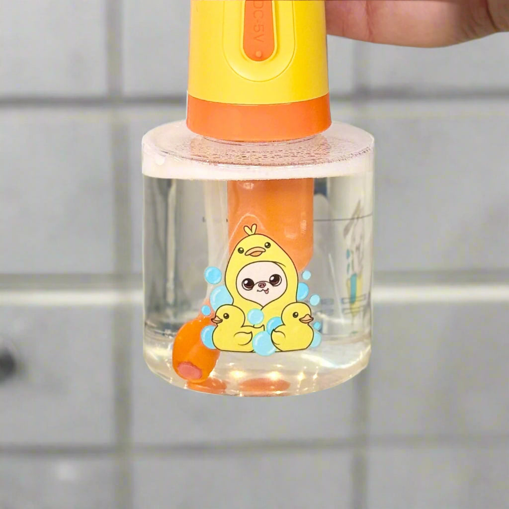 Close-Up of Ducky Cedric Design on Automatic Dog Shampoo Dispenser Bottle