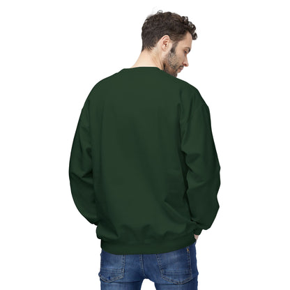 "Back view of Elf Cedric and Santa Maya Holiday Sweatshirt worn by a man in Forest Green, highlighting relaxed fit and cozy feel, perfect for winter and holiday style.