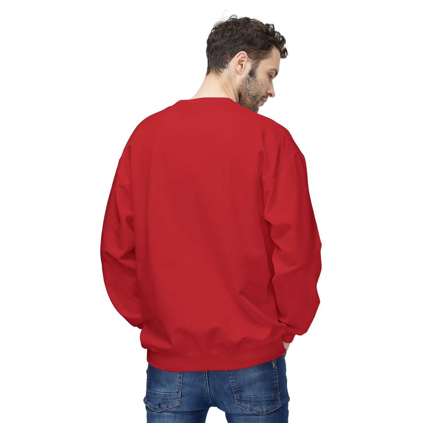 Back view of Elf Cedric and Santa Maya Holiday Sweatshirt worn by a man in Red, highlighting relaxed fit and cozy feel, perfect for winter and holiday style.