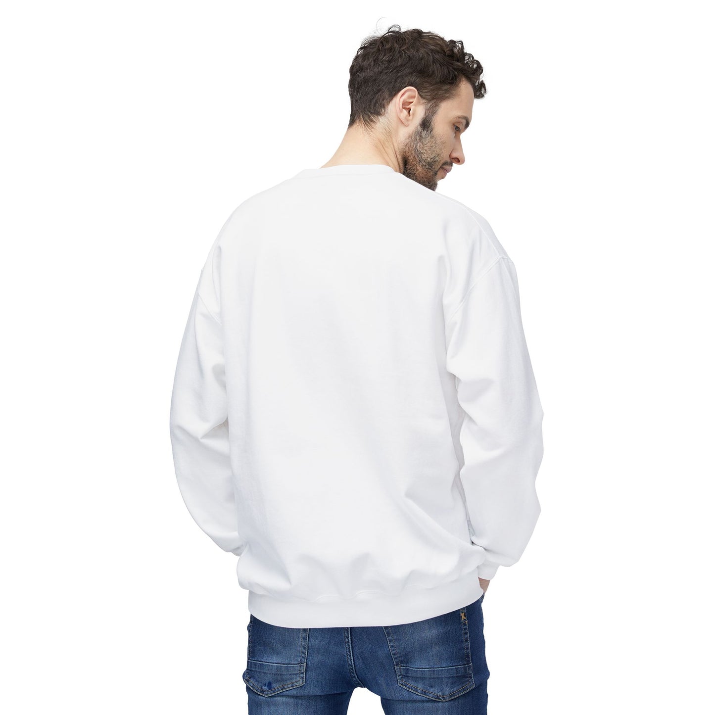 Back view of Elf Cedric and Santa Maya Holiday Sweatshirt worn by a man in White, highlighting relaxed fit and cozy feel, perfect for winter and holiday style.