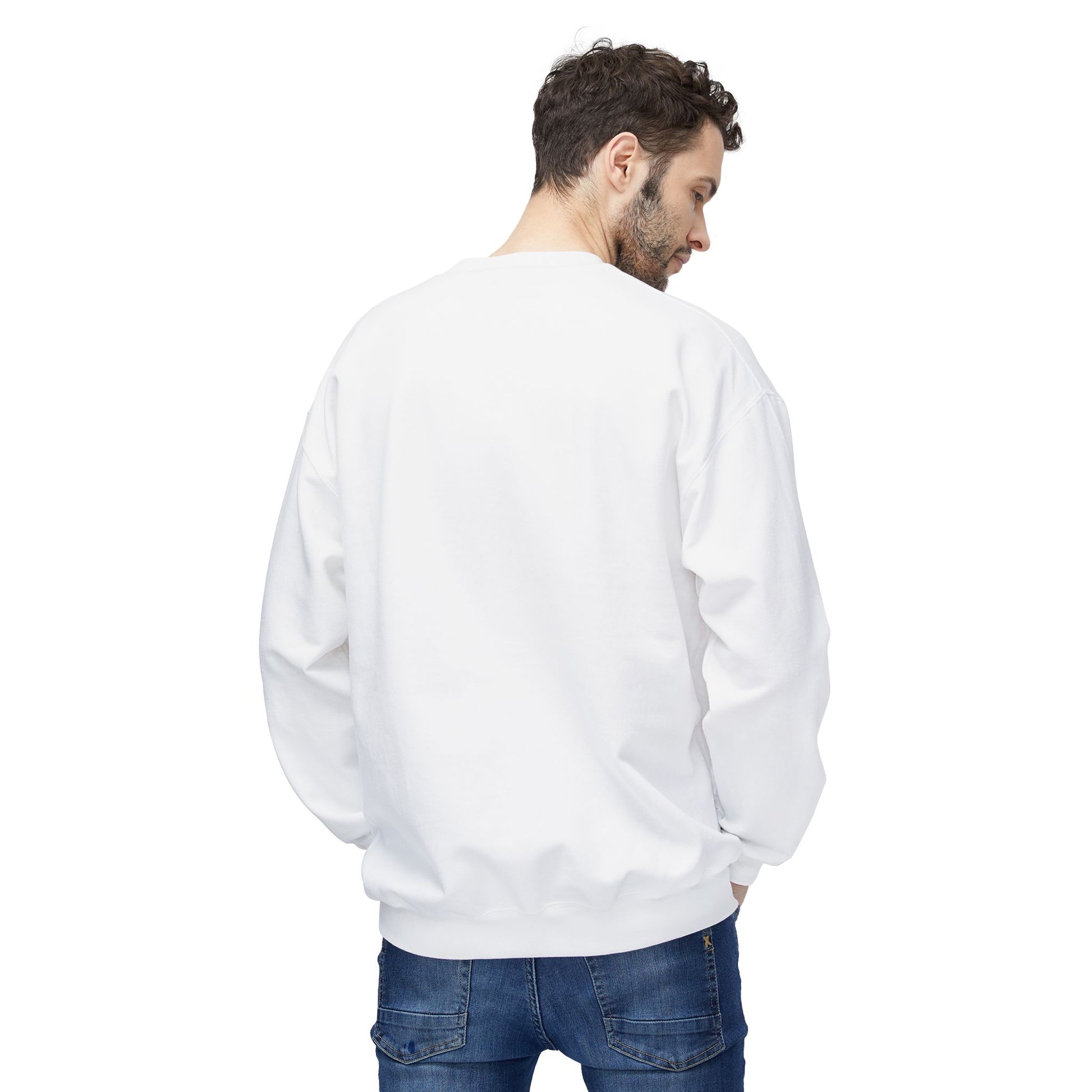 Back view of Elf Cedric and Santa Maya Holiday Sweatshirt worn by a man in White, highlighting relaxed fit and cozy feel, perfect for winter and holiday style.