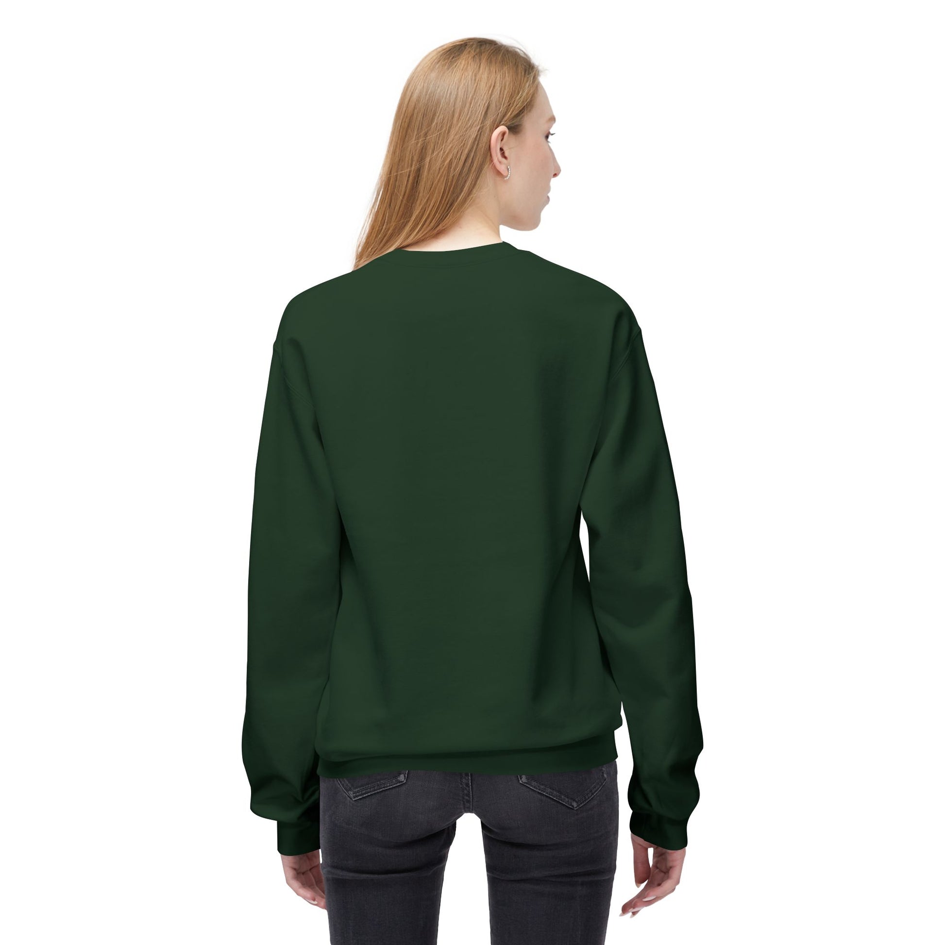 Back view of Elf Cedric and Santa Maya Holiday Sweatshirt worn by a woman in Forest Green, showing classic unisex fit with dropped shoulder design.