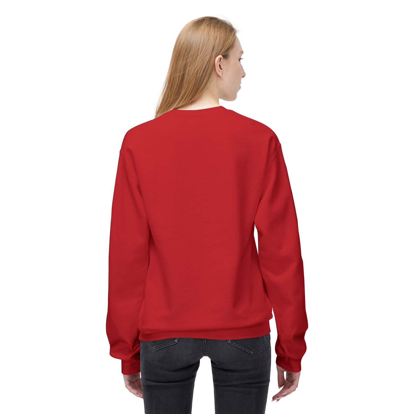 Back view of Elf Cedric and Santa Maya Holiday Sweatshirt worn by a woman in Red, showing classic unisex fit with dropped shoulder design.