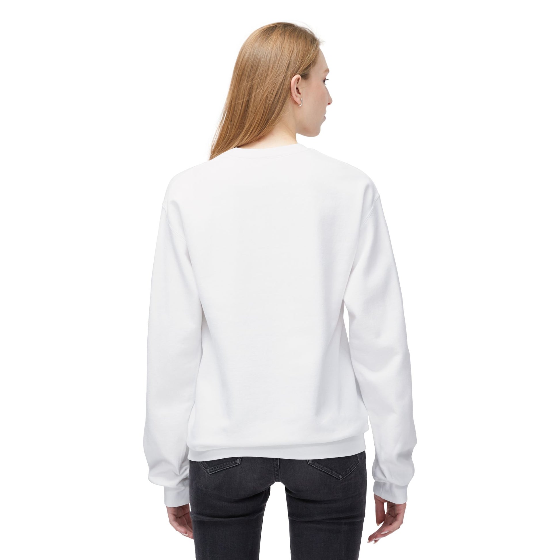 Back view of Elf Cedric and Santa Maya Holiday Sweatshirt worn by a woman in White, showing classic unisex fit with dropped shoulder design.