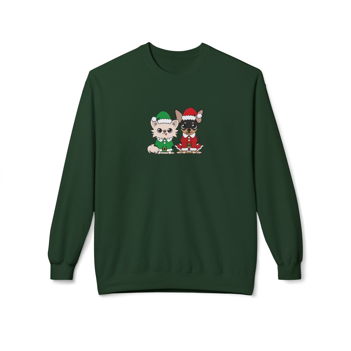 Front view of Elf Cedric and Santa Maya Holiday Sweatshirt in Forest Green, showcasing cute Chihuahua holiday design for cozy Christmas comfort.