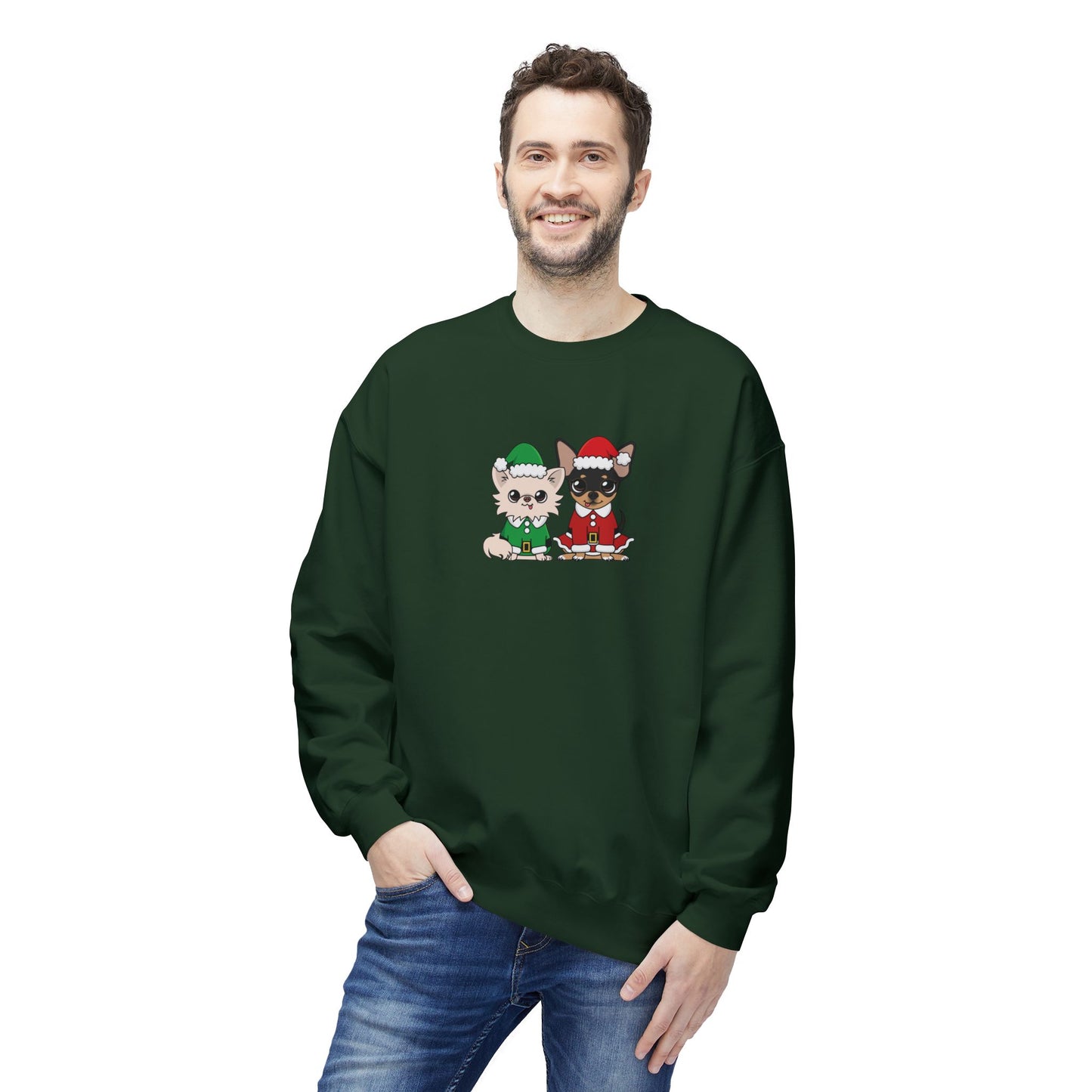 Front view of Elf Cedric and Santa Maya Holiday Sweatshirt worn by a man in Forest Green, featuring Chihuahua holiday design for comfortable, stylish holiday wear.