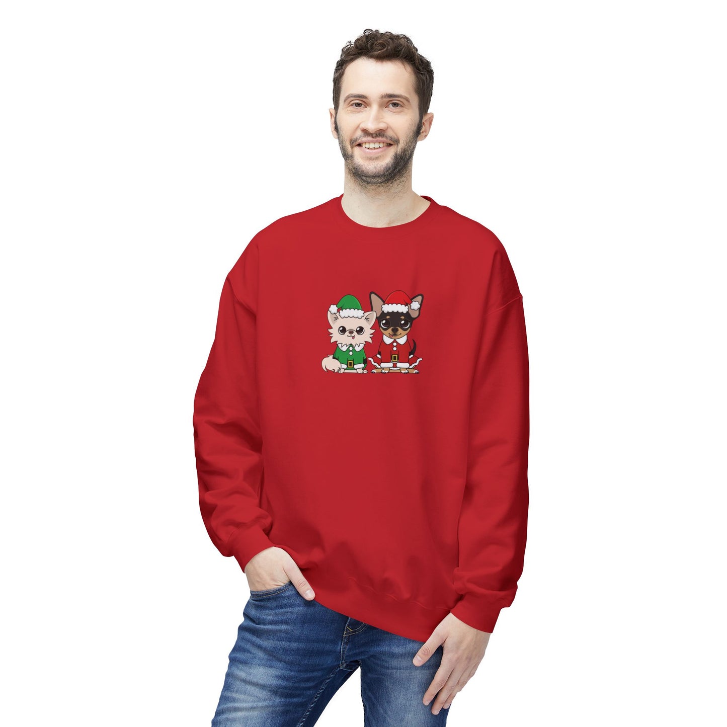 Front view of Elf Cedric and Santa Maya Holiday Sweatshirt worn by a man in Red, featuring Chihuahua holiday design for comfortable, stylish holiday wear.