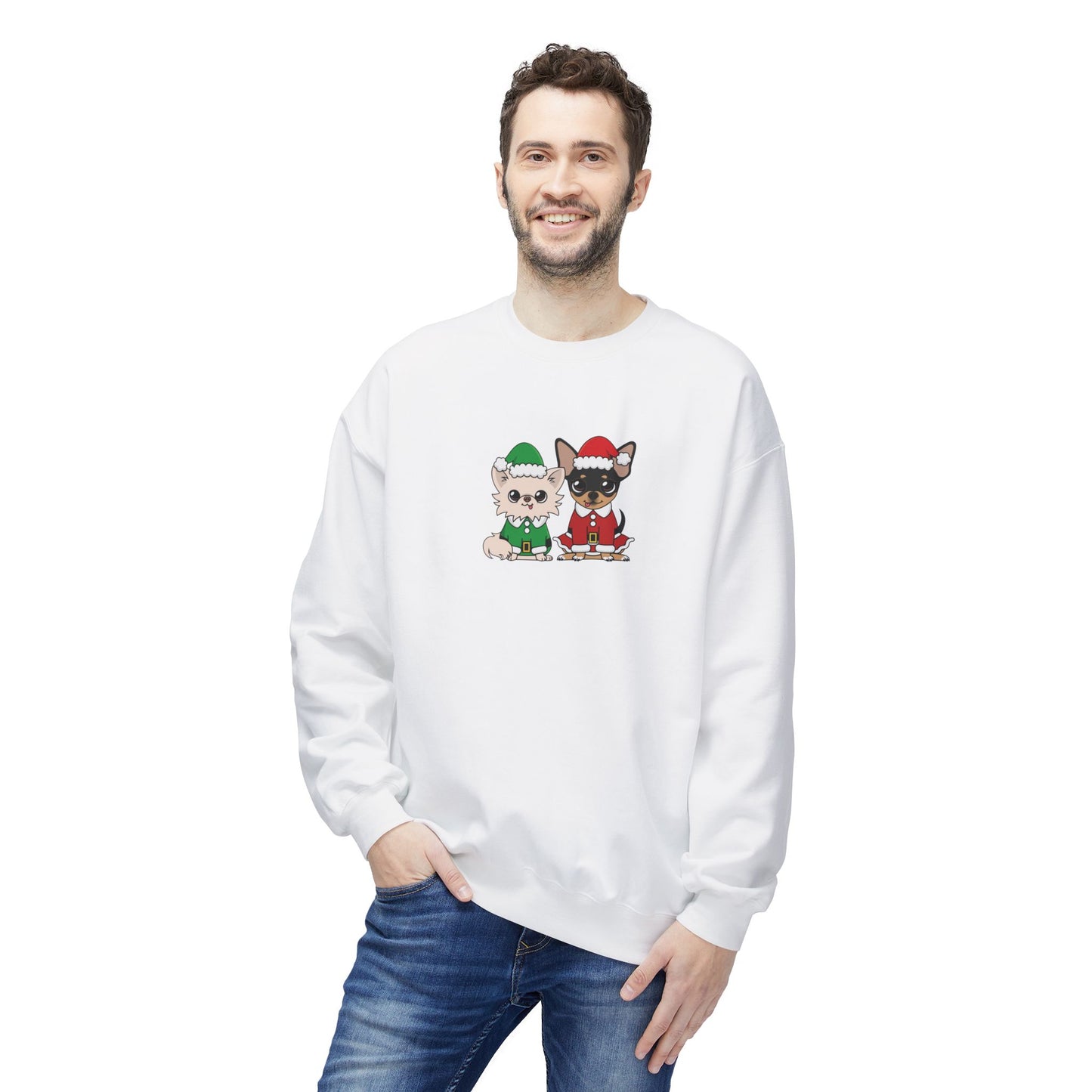 Front view of Elf Cedric and Santa Maya Holiday Sweatshirt worn by a man in White, featuring Chihuahua holiday design for comfortable, stylish holiday wear.