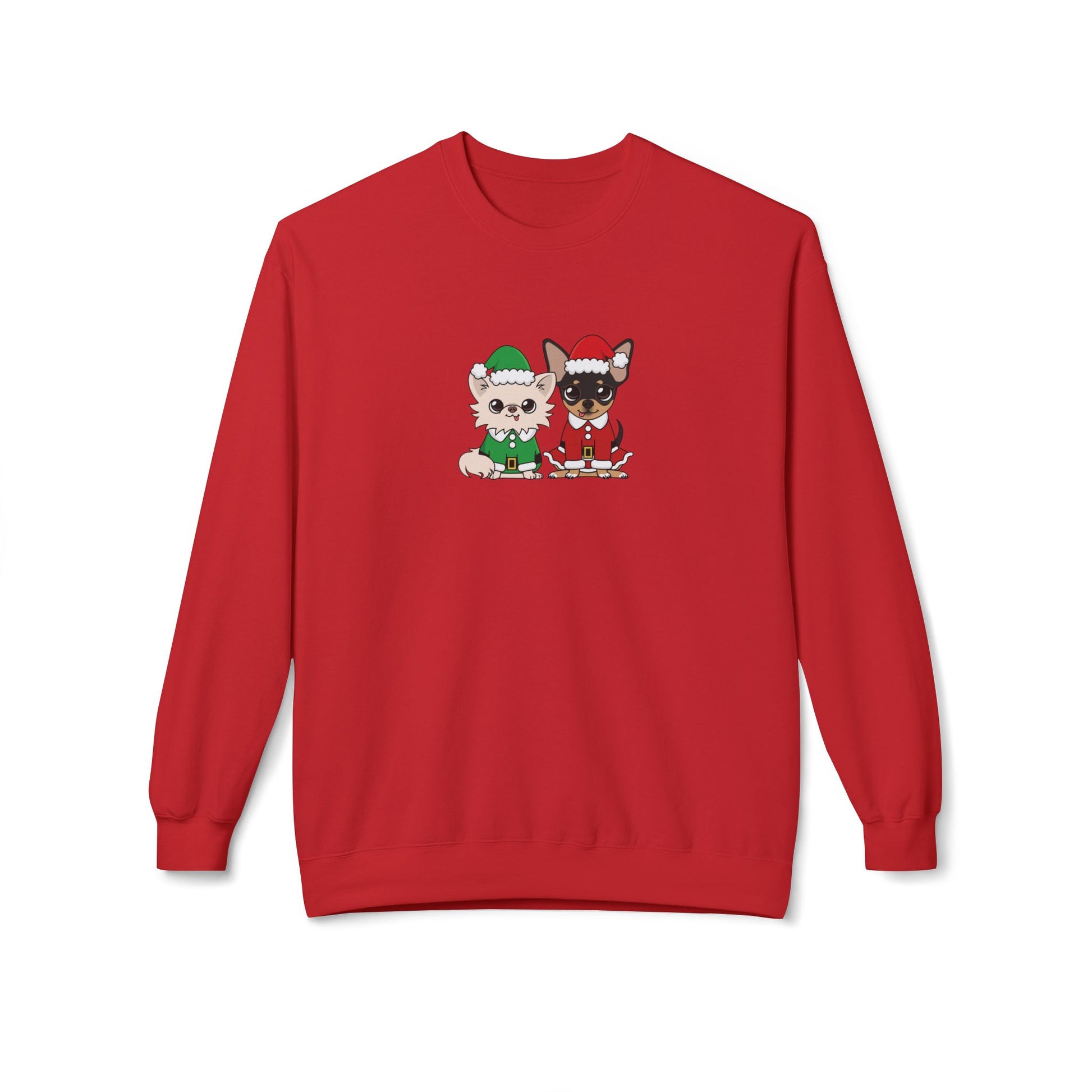 Front view of Elf Cedric and Santa Maya Holiday Sweatshirt in Red, showcasing cute Chihuahua holiday design for cozy Christmas comfort.