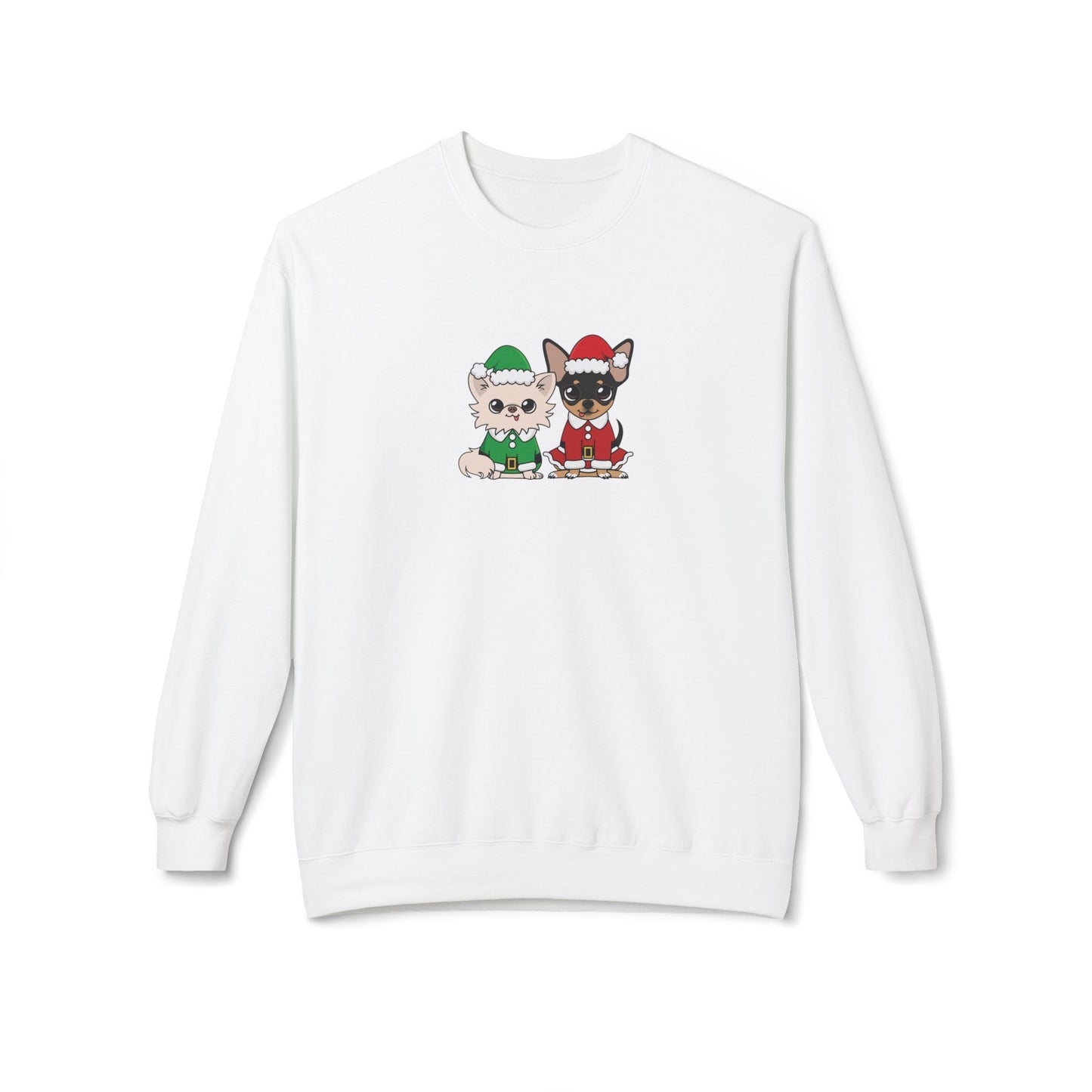 Front view of Elf Cedric and Santa Maya Holiday Sweatshirt in White, showcasing cute Chihuahua holiday design for cozy Christmas comfort.