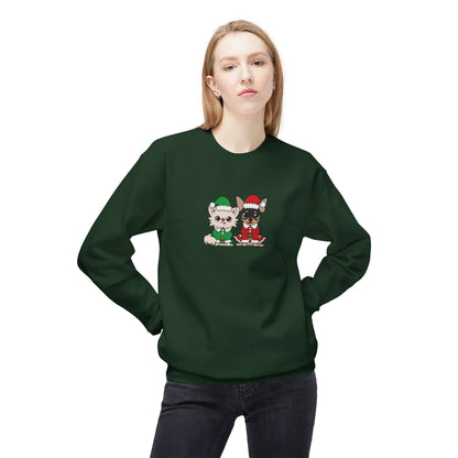 Front view of Elf Cedric and Santa Maya Holiday Sweatshirt worn by a woman in Forest Green, with a festive Chihuahua design ideal for holiday gatherings and cozy winter days.