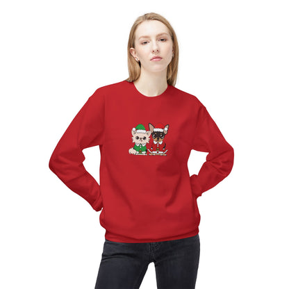 Front view of Elf Cedric and Santa Maya Holiday Sweatshirt worn by a woman in Red, with a festive Chihuahua design ideal for holiday gatherings and cozy winter days.