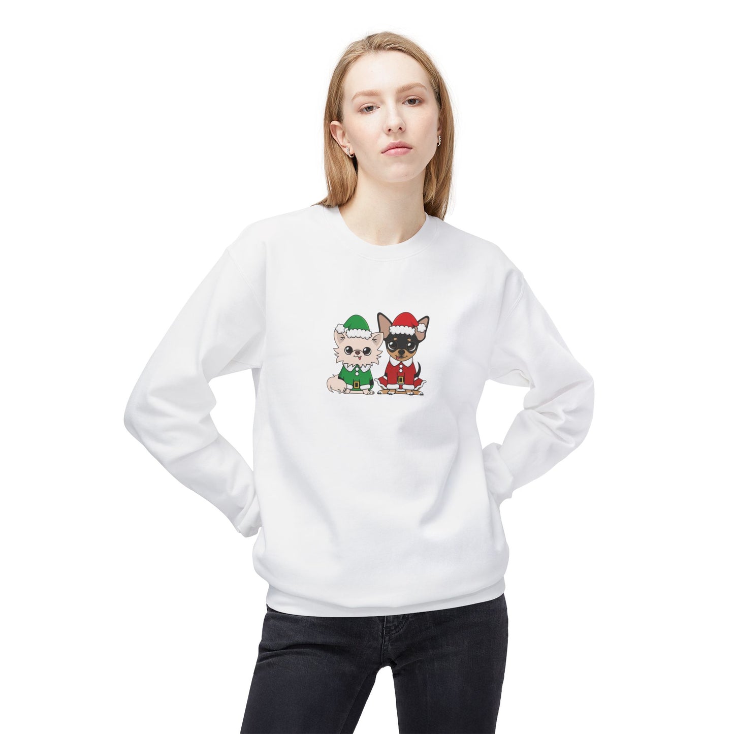 Front view of Elf Cedric and Santa Maya Holiday Sweatshirt worn by a woman in White, with a festive Chihuahua design ideal for holiday gatherings and cozy winter days.