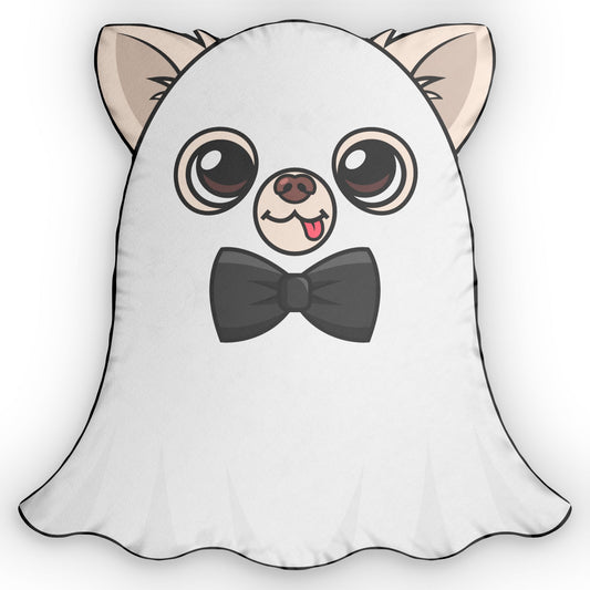 Ghost Cedric Cushion featuring a custom-shaped pillow of Cedric the Chihuahua in a ghost costume with a black bow tie, perfect for Halloween décor.