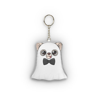 Ghost Cedric mini plush keychain with dark bow tie, front view.