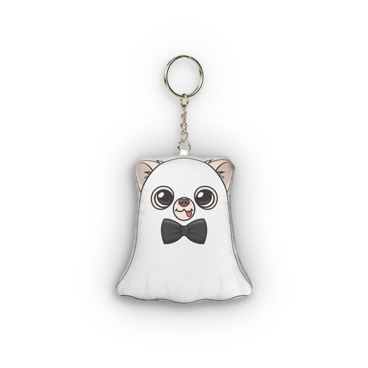Ghost Cedric mini plush keychain with dark bow tie, front view.