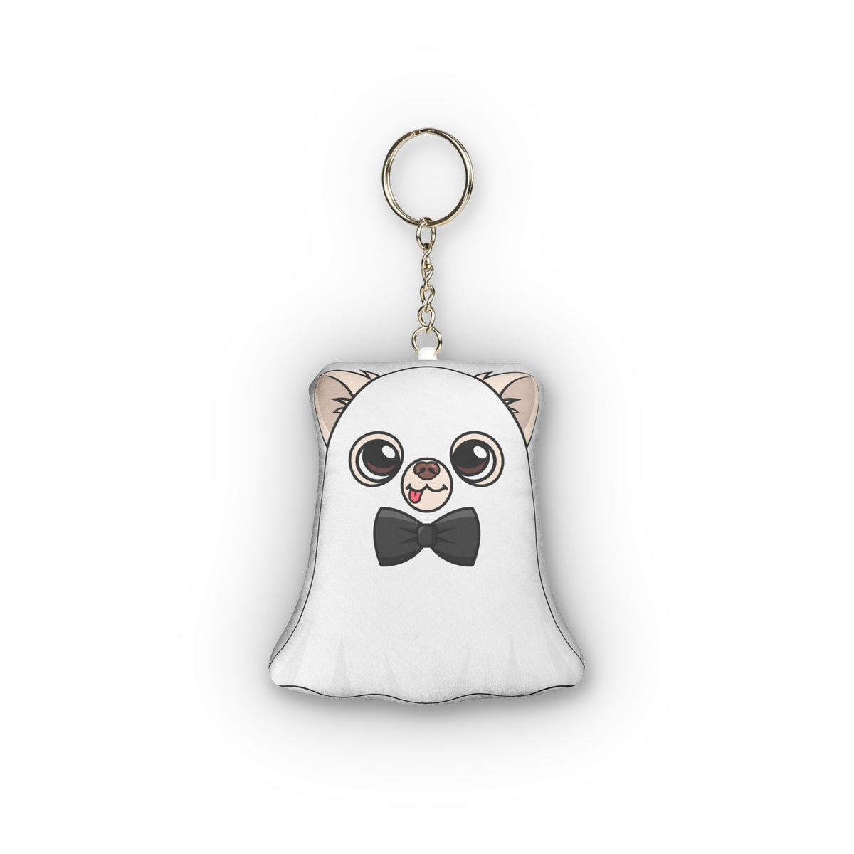 Reverse side of Ghost Cedric mini plush keychain, showing his ghost costume and dark bow tie.