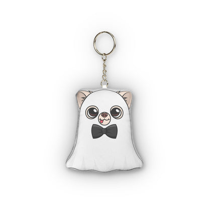 Reverse side of Ghost Cedric mini plush keychain, showing his ghost costume and dark bow tie.