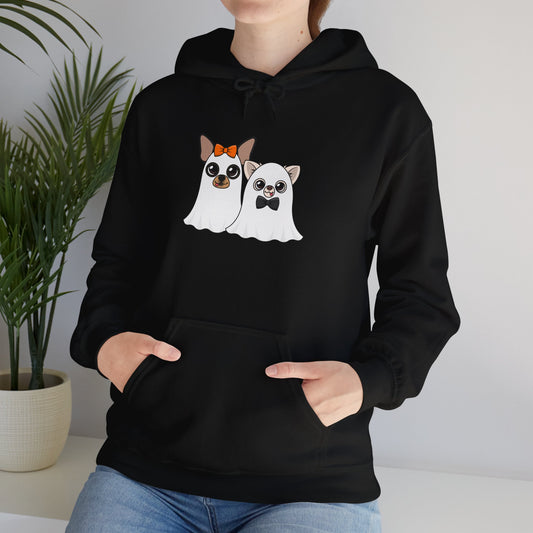 Ghost Chis Hoodie featuring Maya and Cedric Chihuahuas in ghost costumes, available in Black, Graphite Heather, and Irish Green.