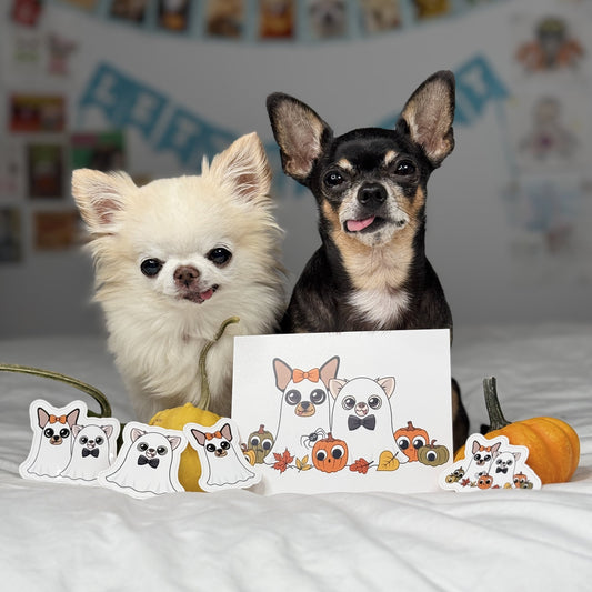 Ghost Chis Halloween Sticker Bundle featuring Maya and Cedric in ghost costumes with pumpkins, includes a Halloween card and spooky stickers.