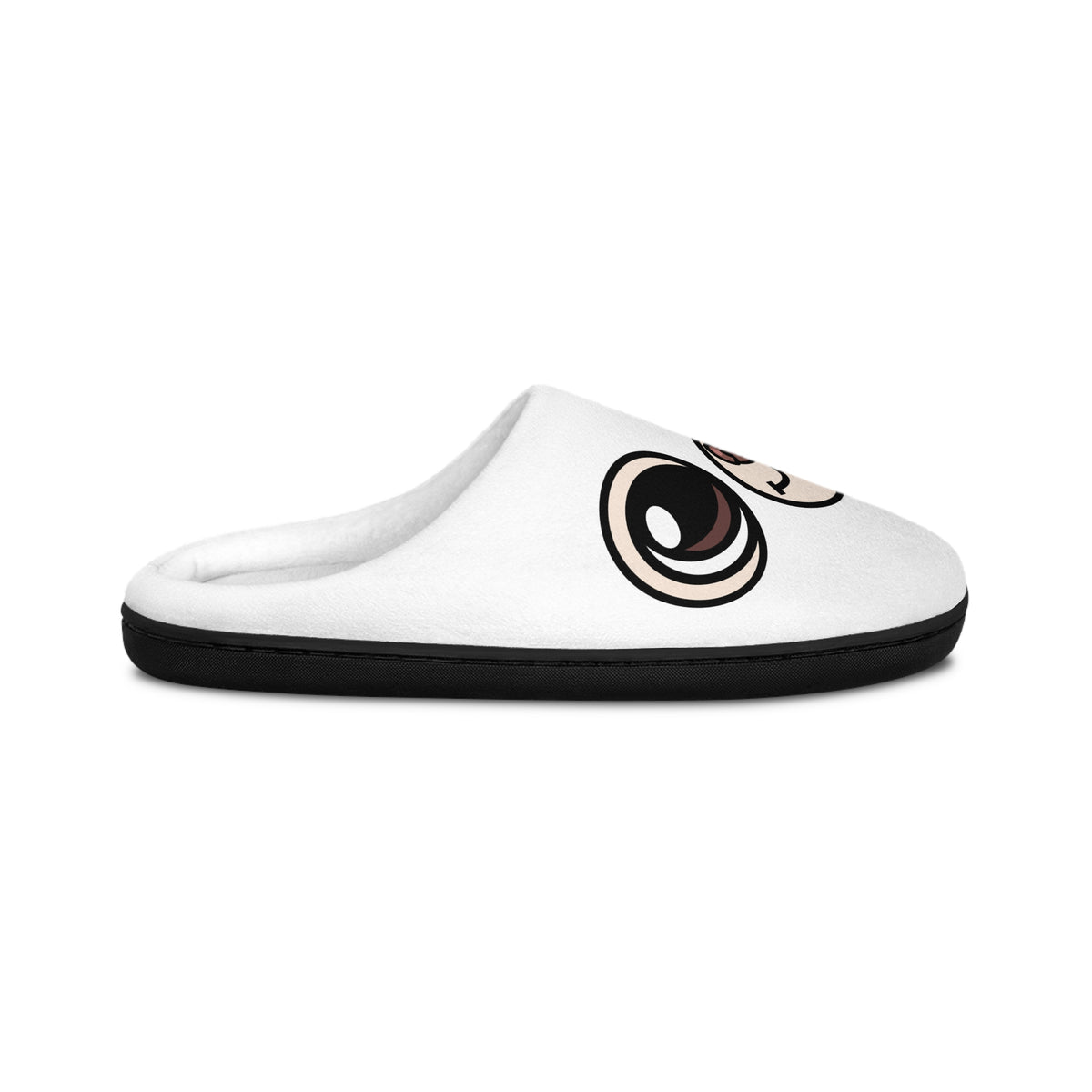 Side view of a white men’s indoor slipper with a Ghost Chi eye detail and black sole.