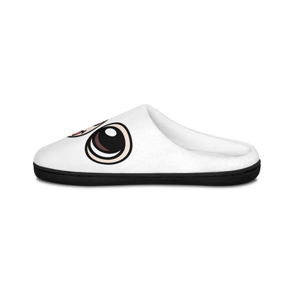 Side view of a white men’s indoor slipper showing a Ghost Chi eye and white upper.