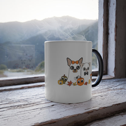 Ghost Chis Spooky Mug with color revealed, showing Maya and Cedric in ghost costumes with googly-eyed pumpkins.