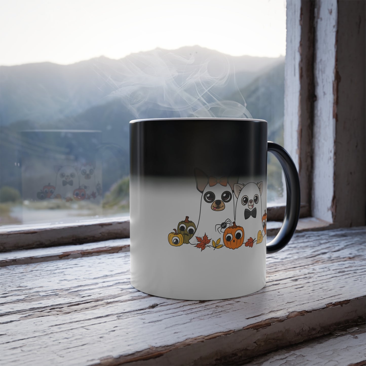 Ghost Chis Spooky Mug with color revealing, showing Maya and Cedric in ghost costumes with googly-eyed pumpkins.