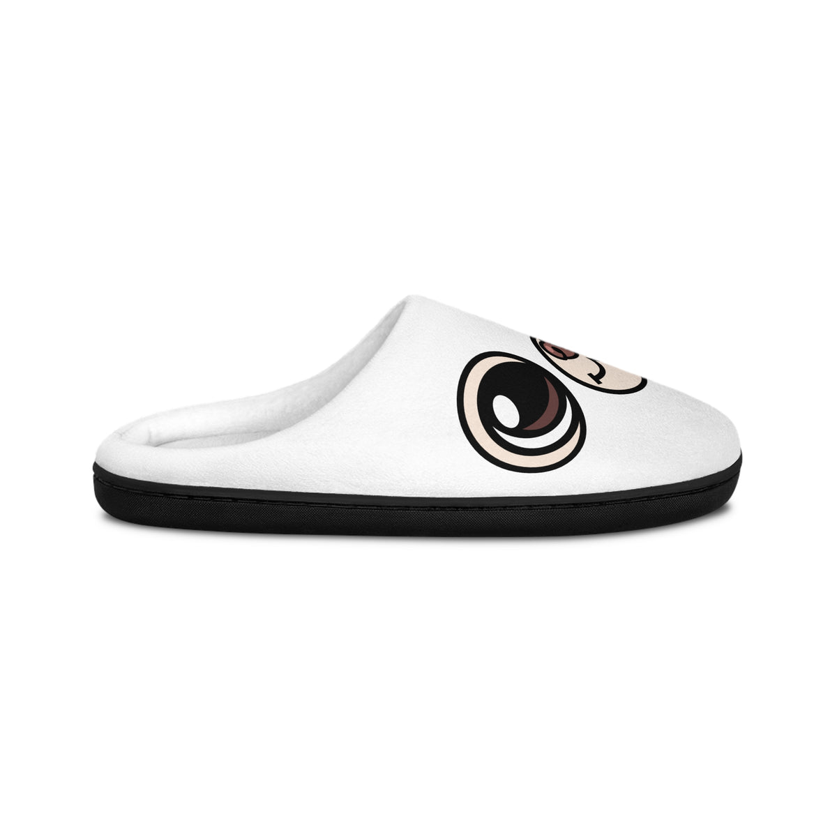 Side view of a white women’s indoor slipper with a Ghost Chi eye detail and black sole.