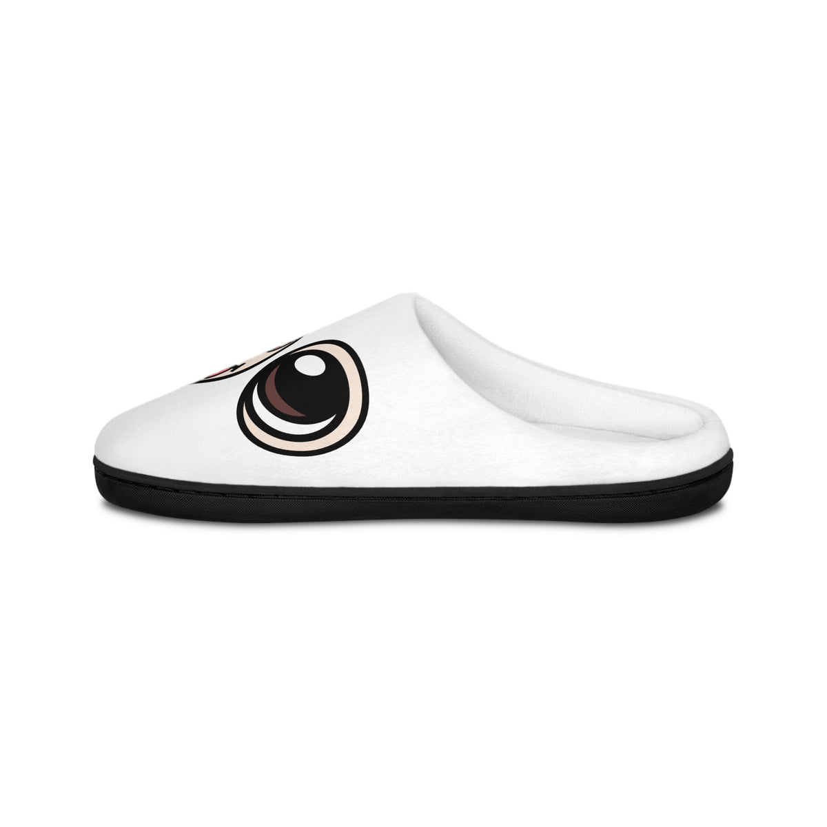 Side view of a white women’s indoor slipper showing a Ghost Chi eye and white upper.
