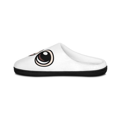 Side view of a white women’s indoor slipper showing a Ghost Chi eye and white upper.