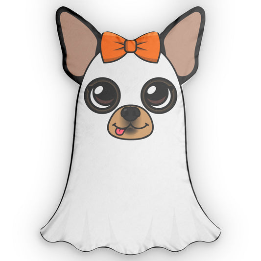 Ghost Maya Cushion featuring a custom-shaped pillow of Maya the Chihuahua in a ghost costume with an orange bow, perfect for Halloween décor.