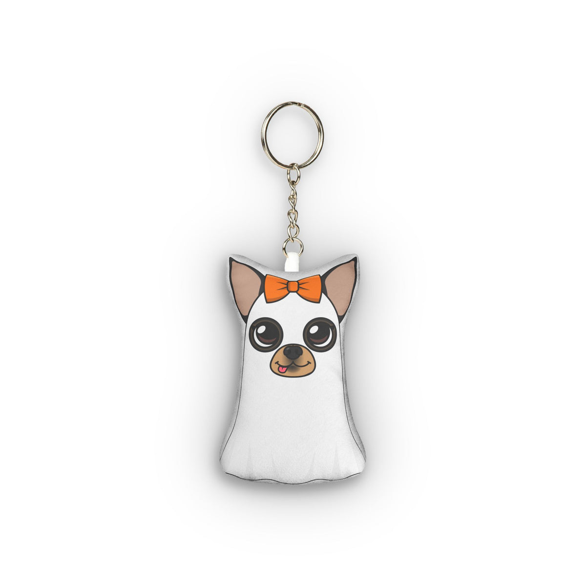 Ghost Maya mini plush keychain with orange bow, front view.