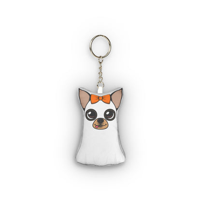 Ghost Maya mini plush keychain with orange bow, front view.